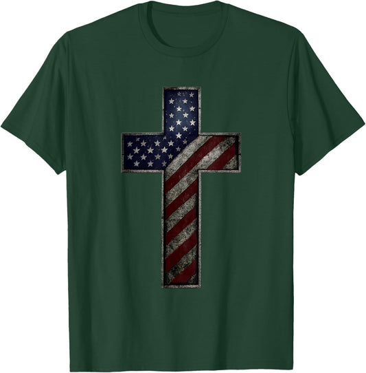 Grunge Patriotic Christian USA American Flag Christ Faith T-Shirt - T-Shirt | Forest