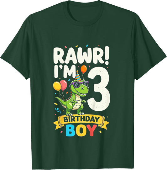 Kids Three 3yr 3rd Birthday Rawr Dinosaur 3 Year Old Birthday Boy T-Shirt - T-Shirt | Forest