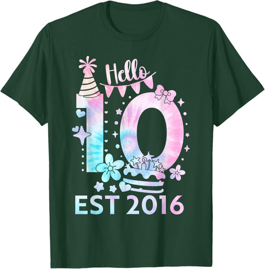 Hello Ten 2016 Cute 10th Birthday Tie Dye 10 Year Girl Boy T-Shirt - T-Shirt | Forest