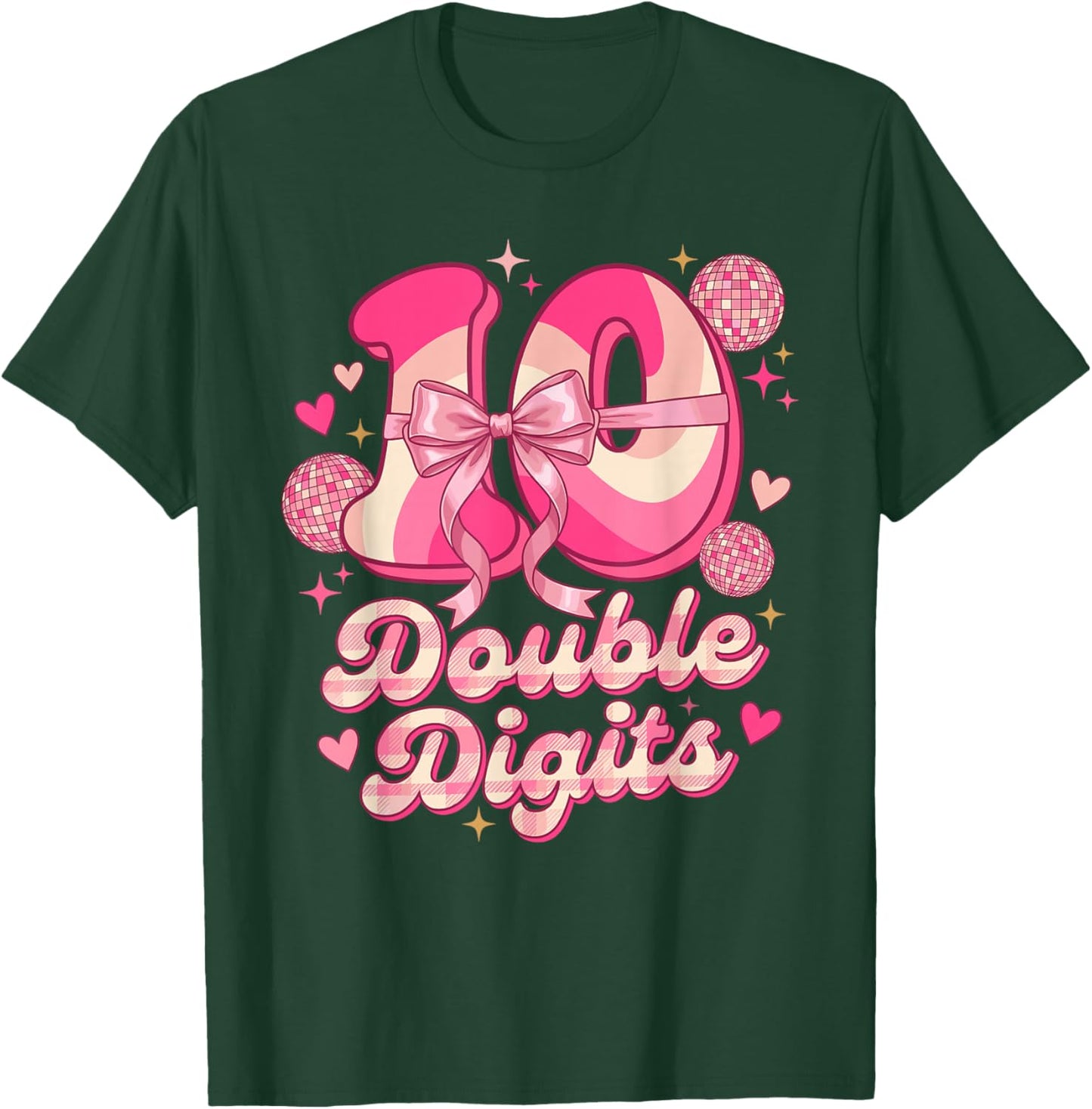 Double Digits Birthday Girl 10th Birthday Coquette Bow T-Shirt - T-Shirt | Forest