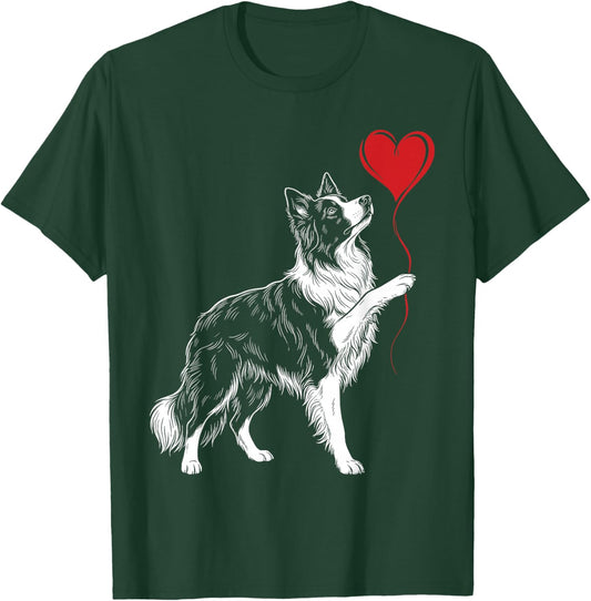 Border Collie Lover Dog Art Holding Heart Valentines T-Shirt - T-Shirt | Forest