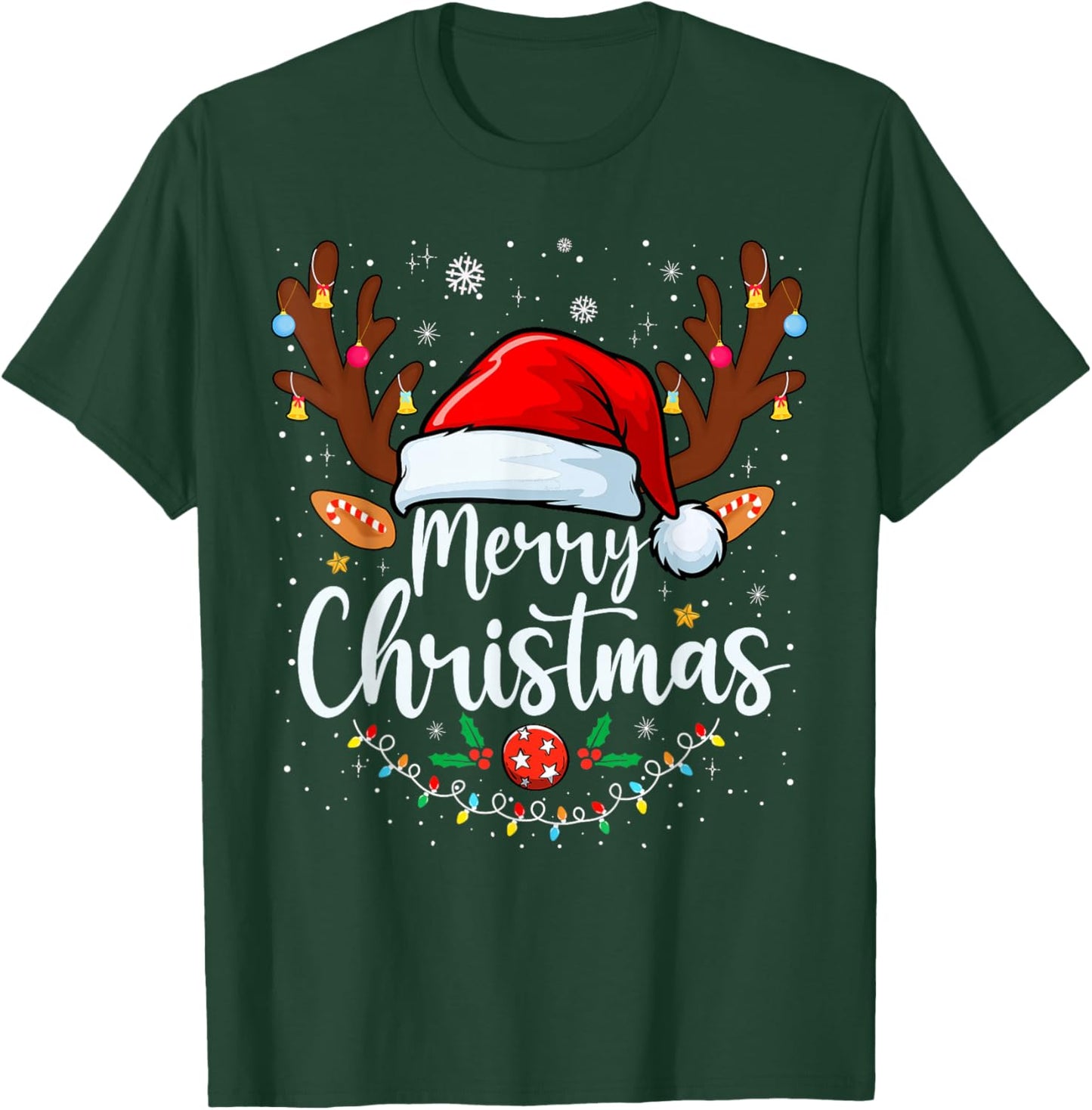 Merry Christmas Red Santa Hat Reindeer Xmas Matching Family T-Shirt - T-Shirt | Forest