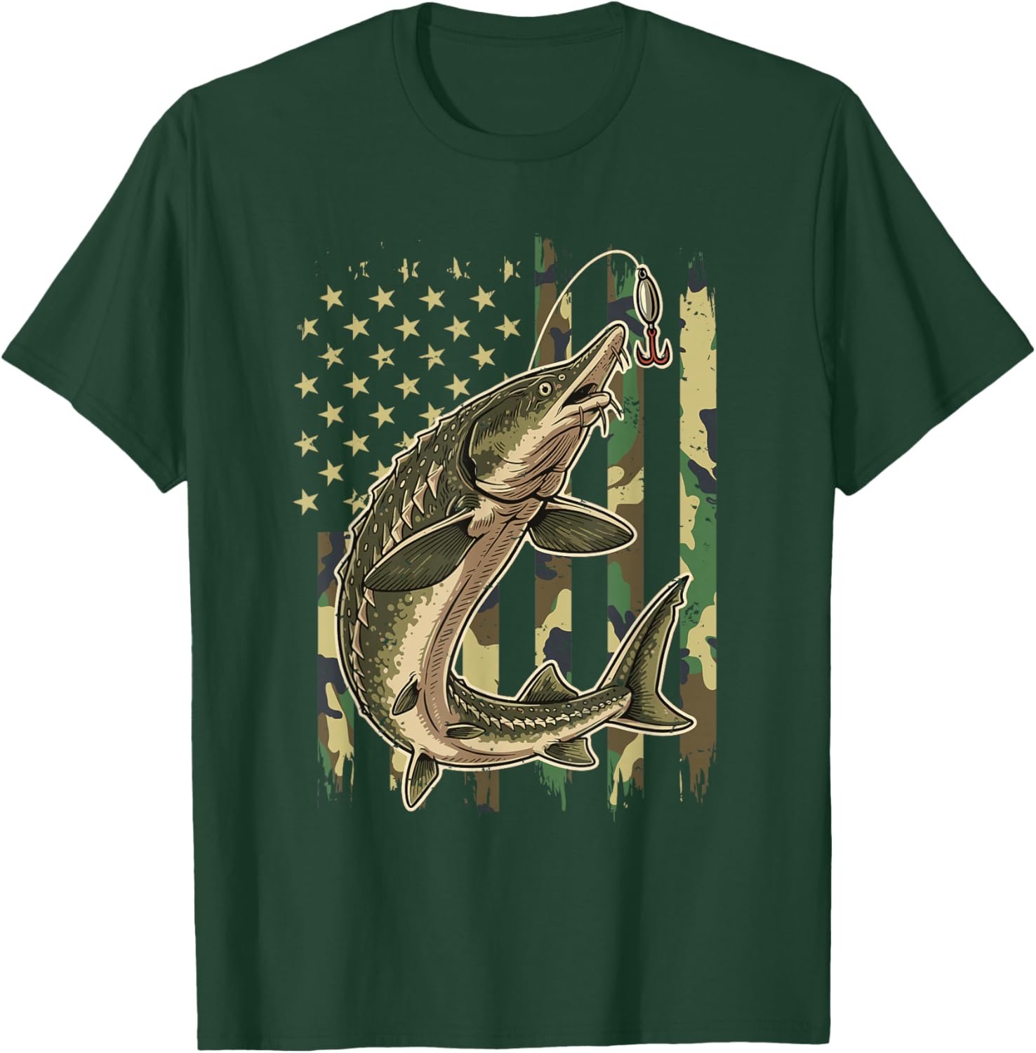 Vintage Sturgeon Fishing Camo American Flag Fisherman T-Shirt - T-Shirt | Forest
