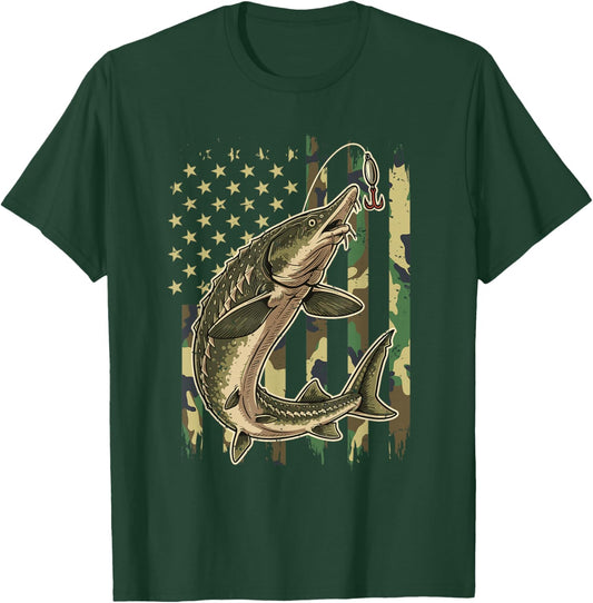 Vintage Sturgeon Fishing Camo American Flag Fisherman T-Shirt - T-Shirt | Forest