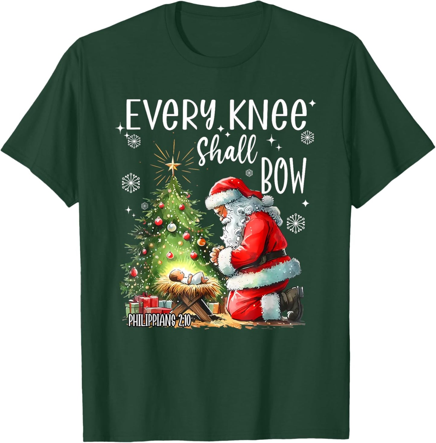 Every Knee Shall Bow, Kneeling Santa Baby Jesus Christian T-Shirt - T-Shirt | Forest