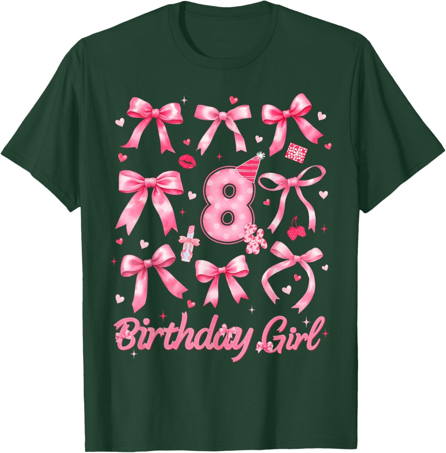 8th Birthday 8 Years Old Coquette Bow Pink Birthday Girl T-Shirt - T-Shirt | Forest