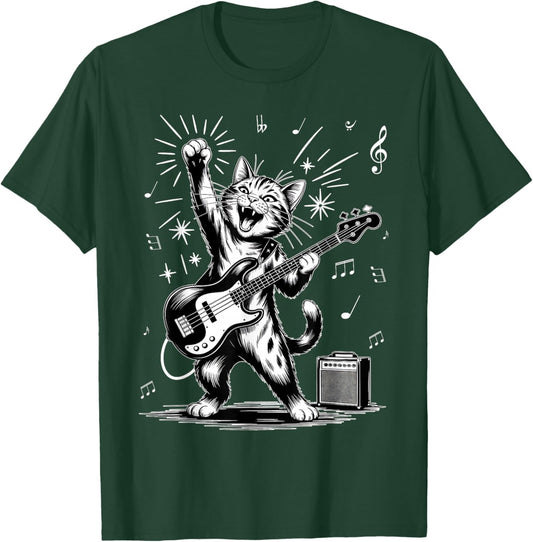 Cat Playing Bass Guitar Animal T-Shirt - T-Shirt | Forest