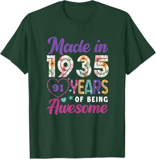 91 Year Old Made in 1935 Floral 91st Birthday Women T-Shirt - T-Shirt | Forest