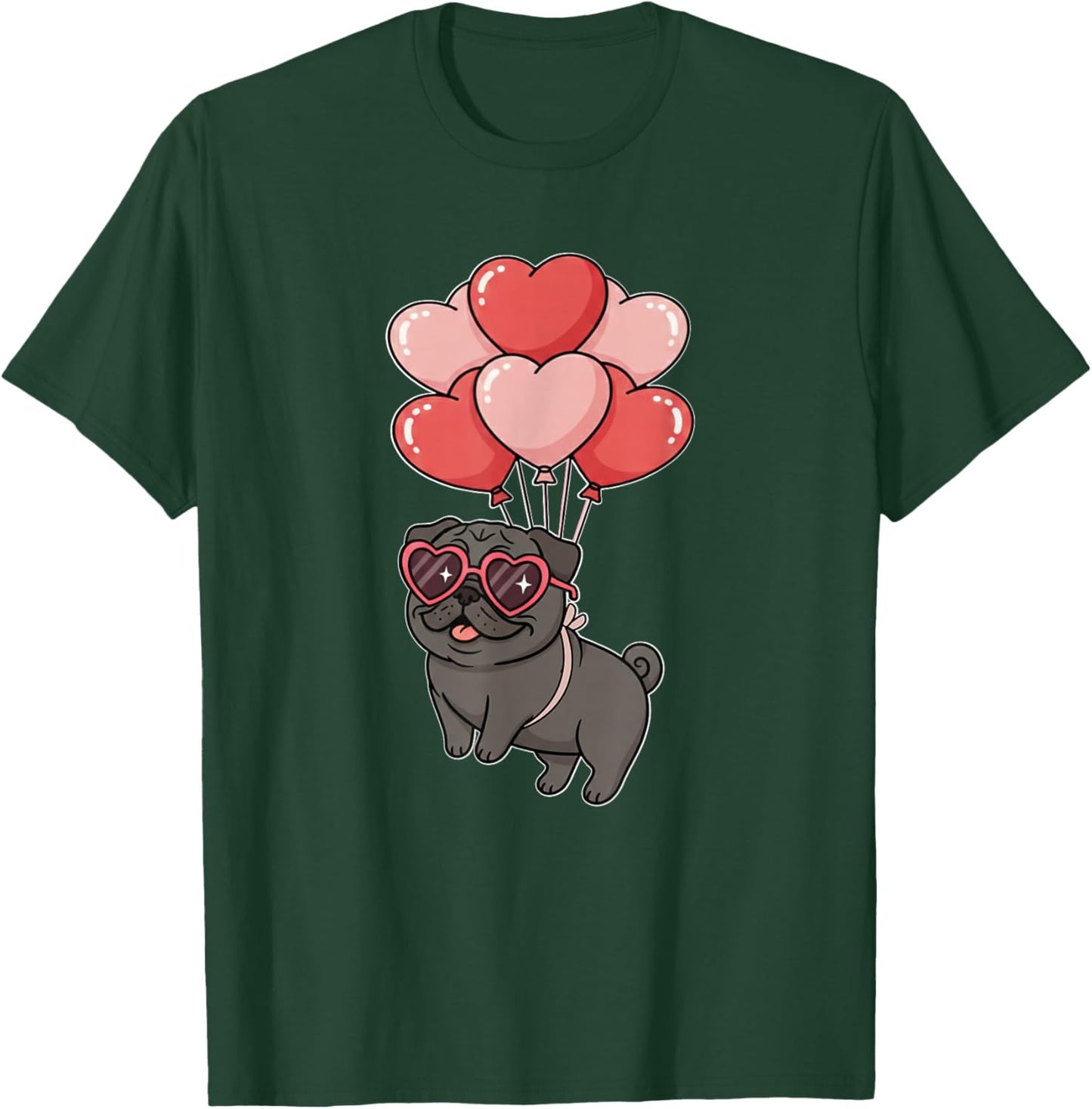 Girls Valentines Day Heart Balloons Black Pug Lover T-Shirt - T-Shirt | Forest
