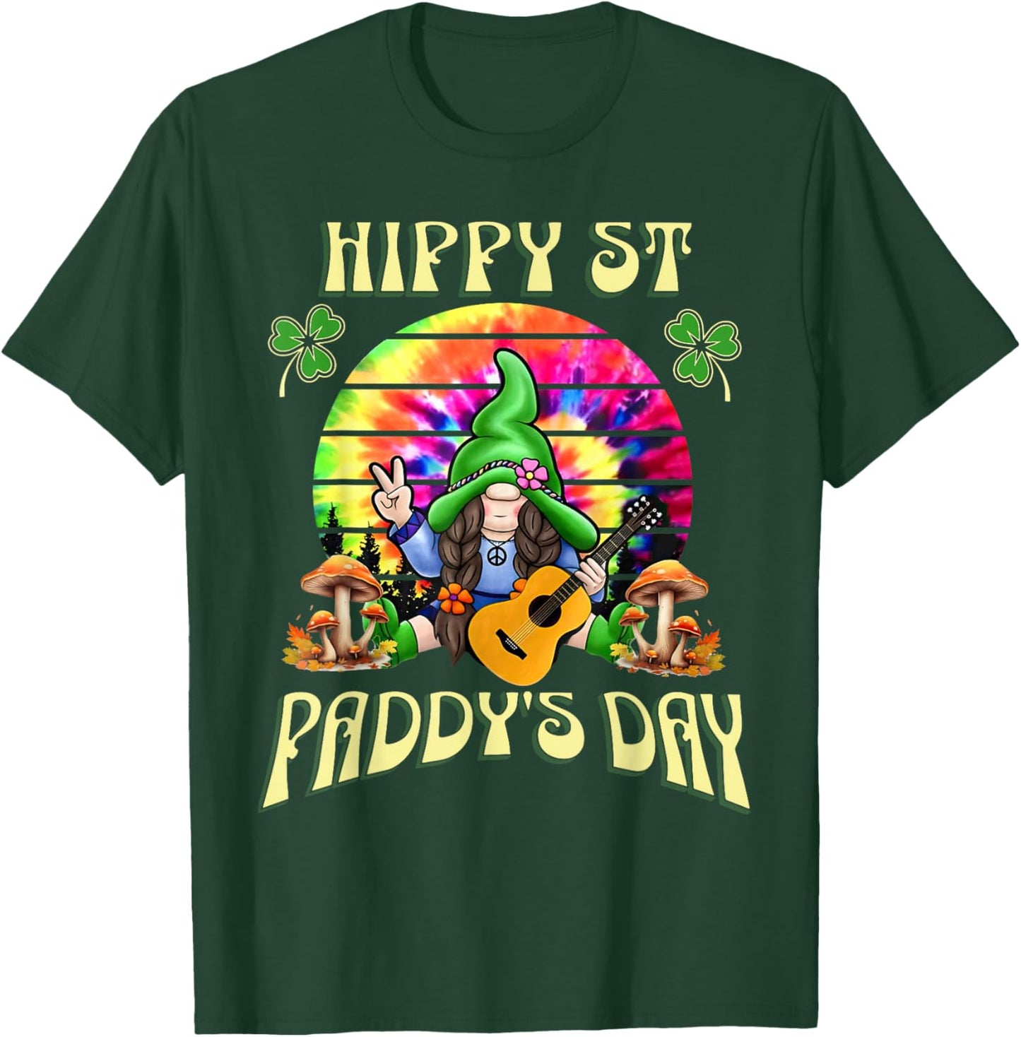 Hippy St Paddy's Day Tie Dye Gnome Guitar St Patrick Hippie T-Shirt - T-Shirt | Forest