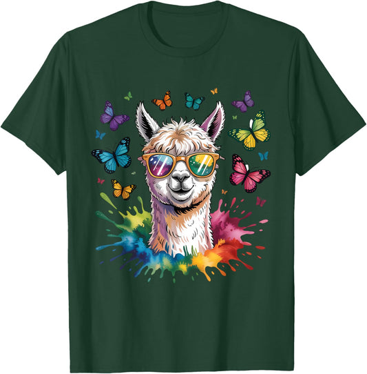 Cute Llama with Sunglasses Animal Art Graphic Funny Alpaca T-Shirt - T-Shirt | Forest