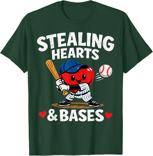 Stealing Hearts & Bases Valentine’s Day Baseball Love T-Shirt - T-Shirt | Forest
