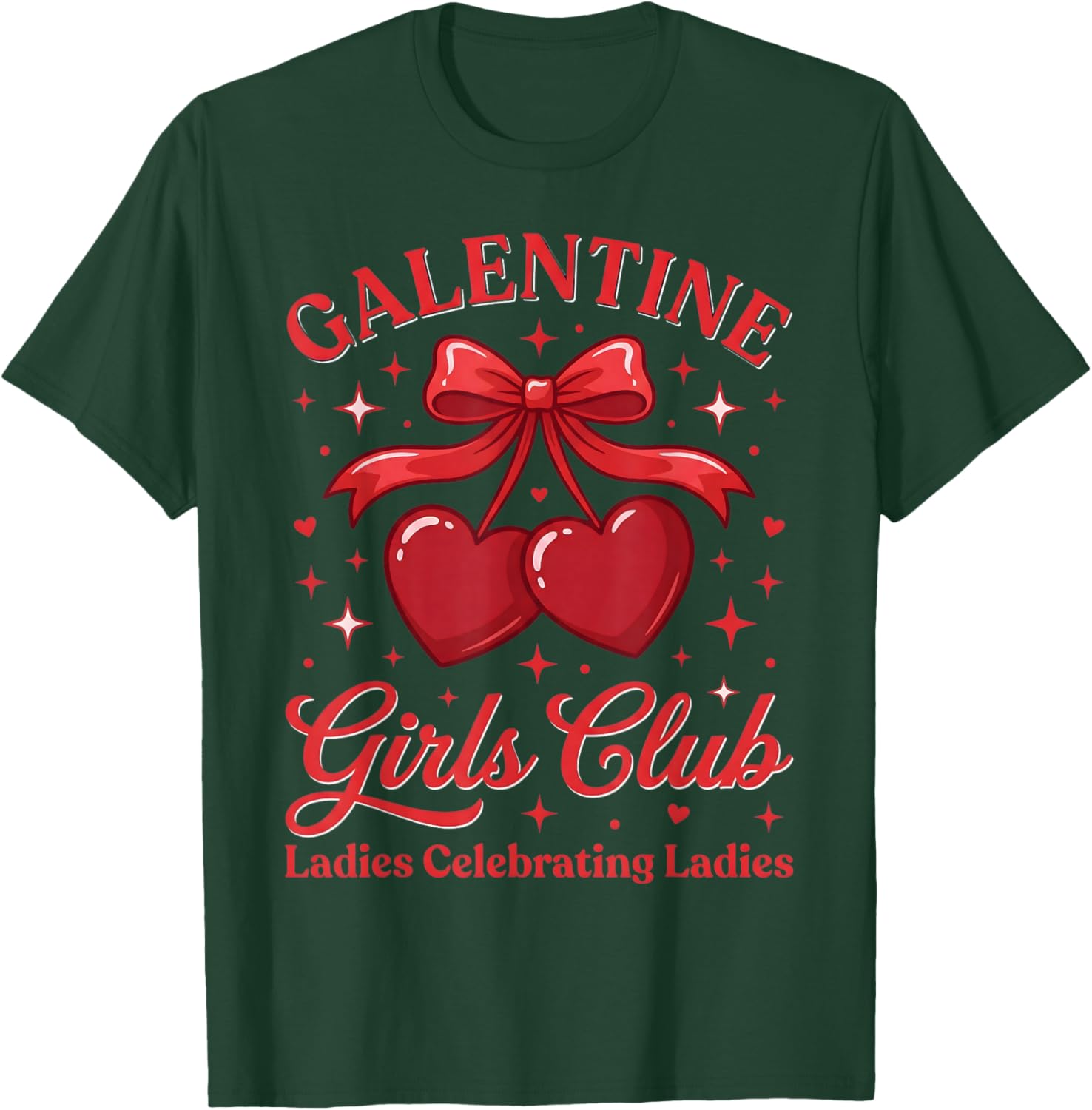 Galentine Girls Club Red Cherry Heart Bow Coquette T-Shirt - T-Shirt | Forest