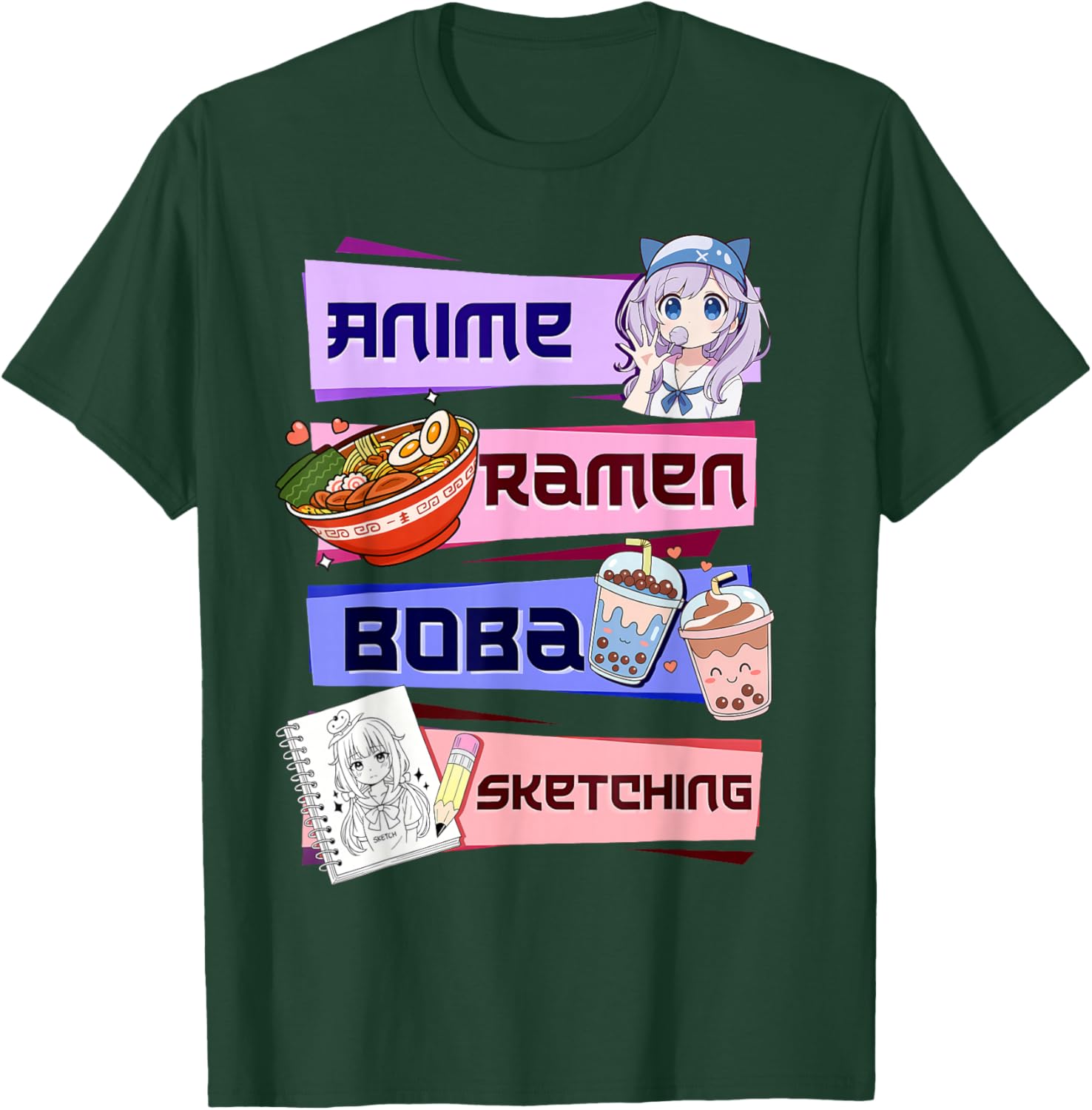 Anime Girl Ramen Boba Tea Bubble Tea Sketching Japanese T-Shirt - T-Shirt | Forest