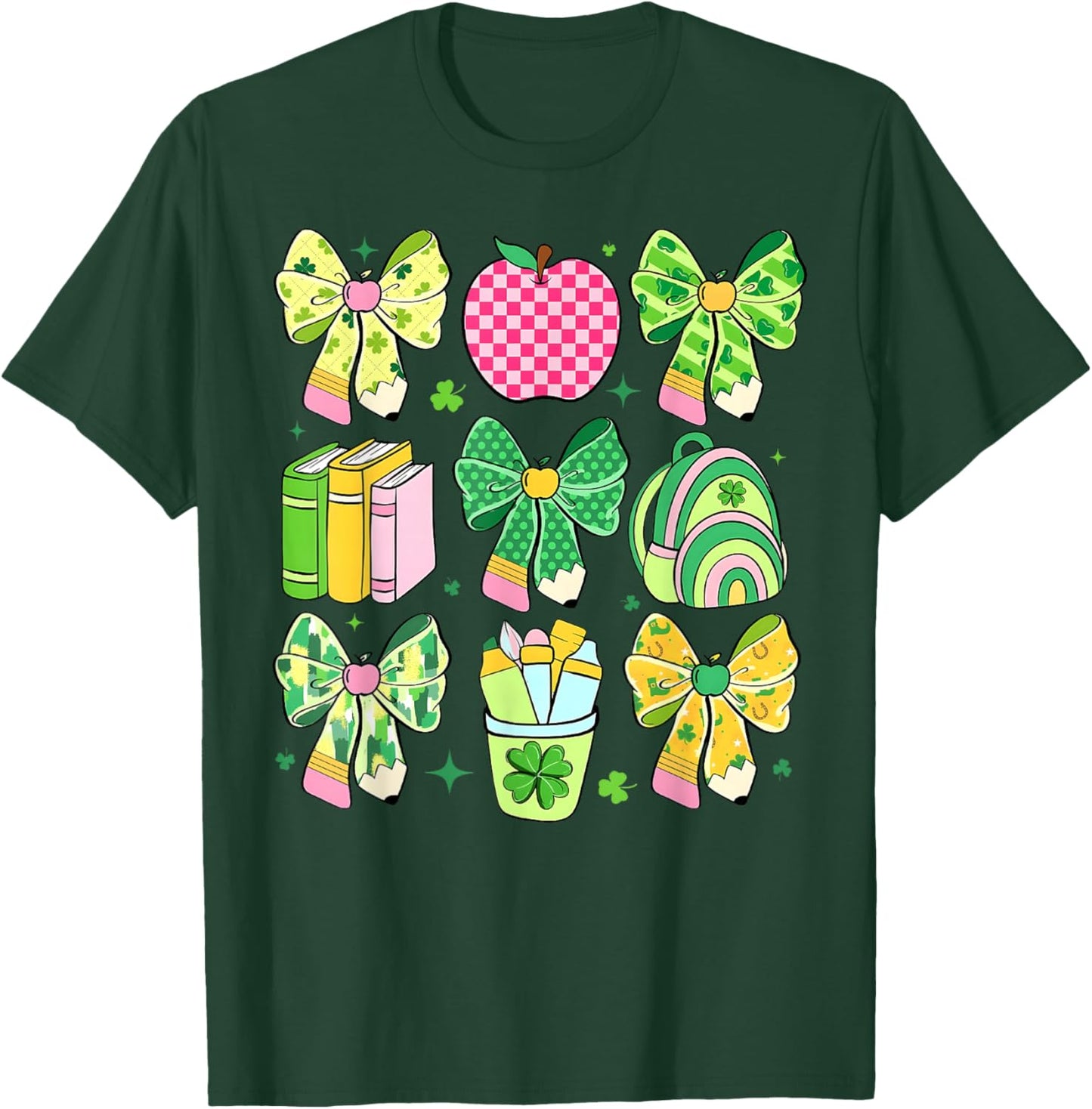 Lucky Teacher St Patrick's Day Coquette Bow Book Apple T-Shirt - T-Shirt | Forest