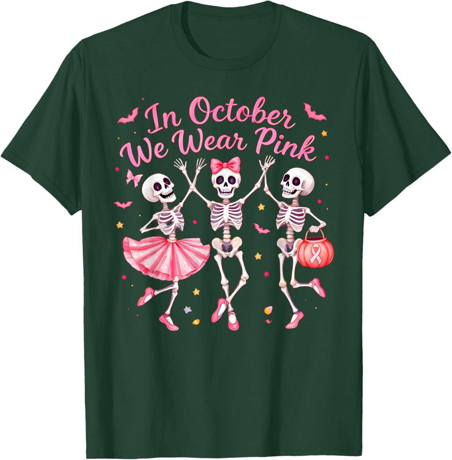 in October We Wear Pink Dancing Skeleton Breast Cancer T-Shirt - T-Shirt | Forest