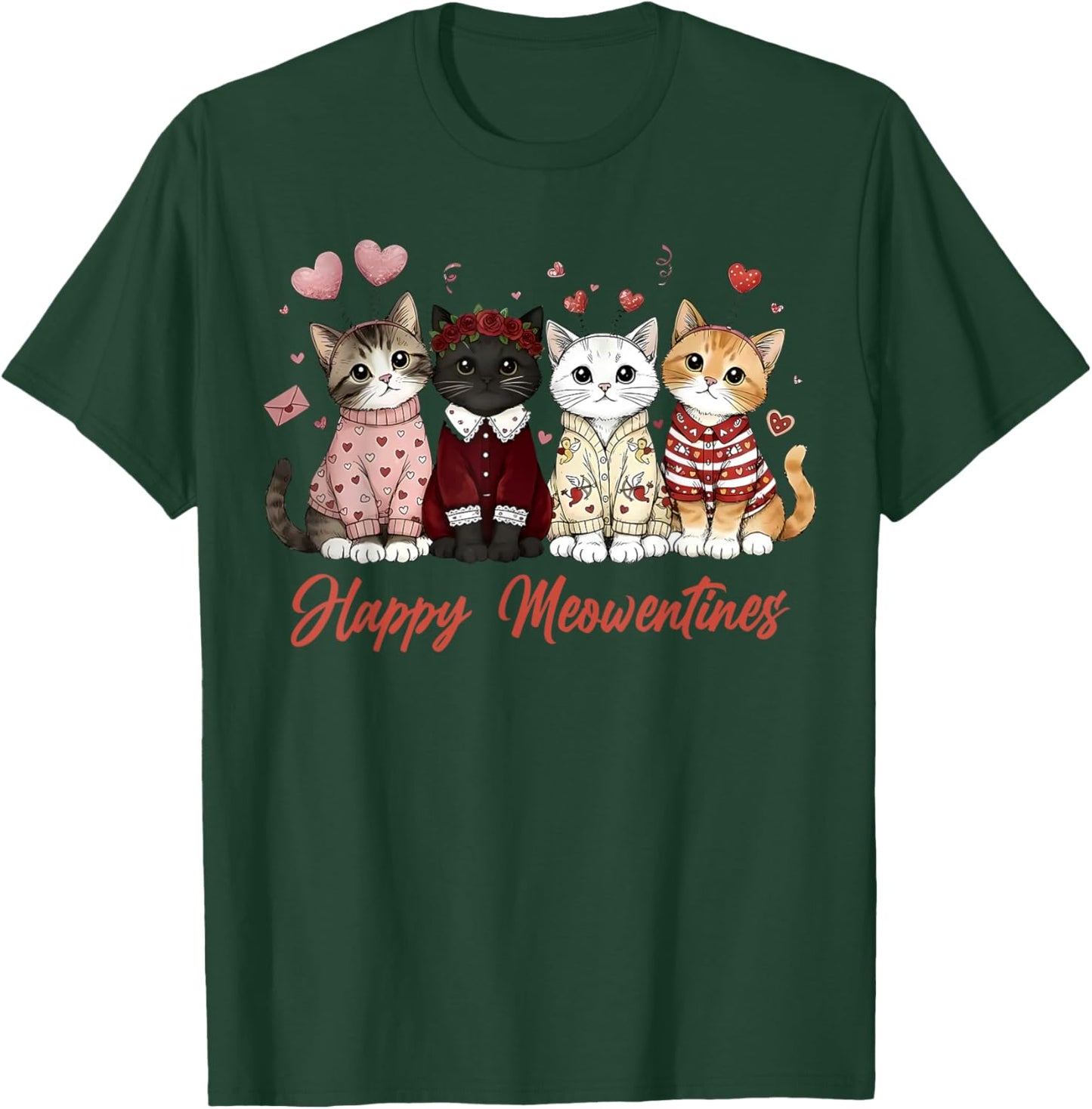 Valentine Cat Happy Meowentines Heart Valentines Cat Lover T-Shirt - T-Shirt | Forest