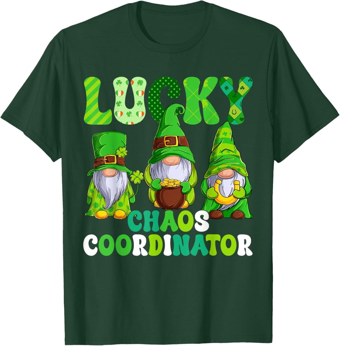 Lucky Chaos Coordinator Shamrock Leopard Gnomes Irish Women T-Shirt - T-Shirt | Forest