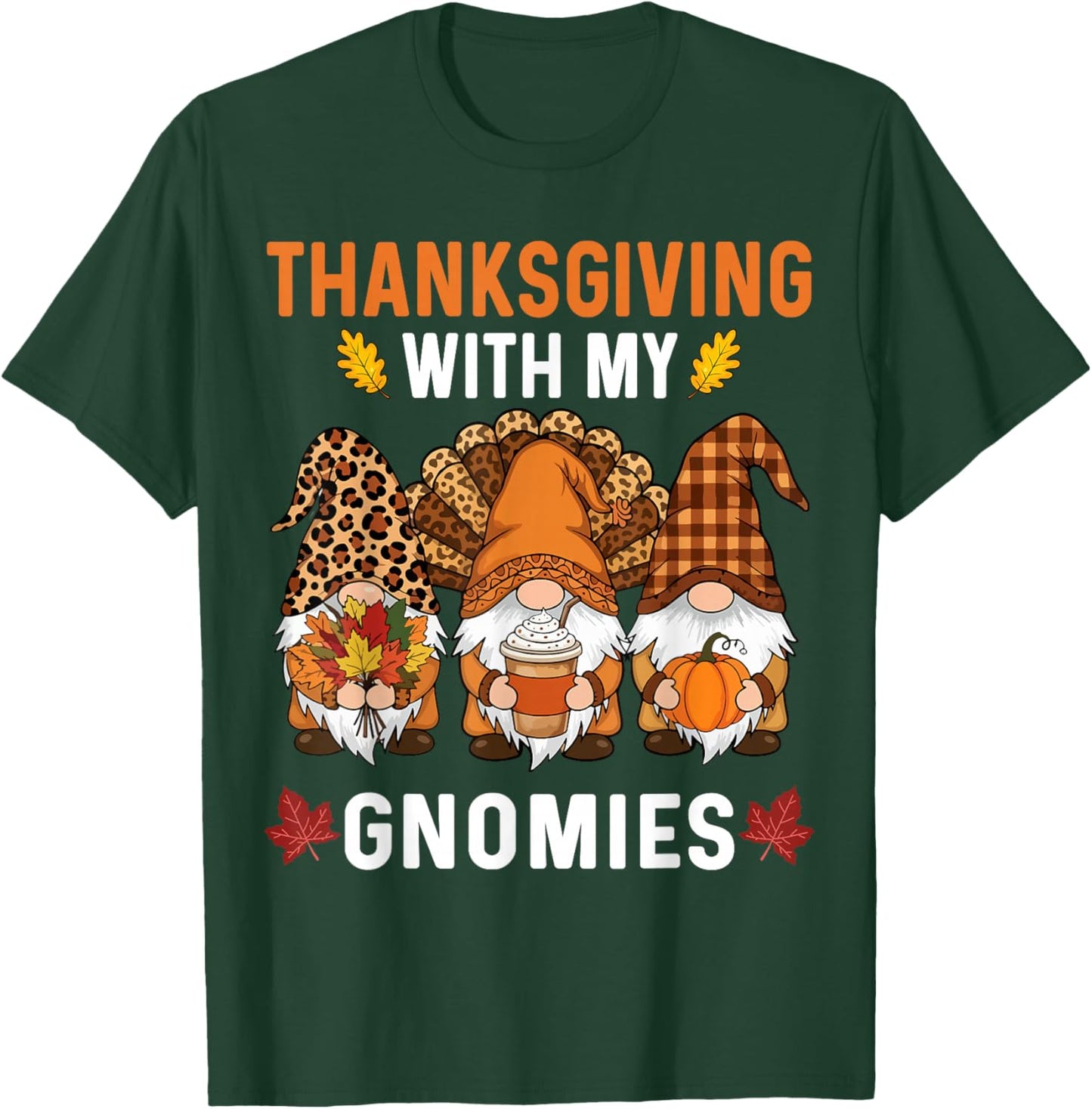 Thanksgiving Women Gnome Fall Leopard Turkey Men Girls Boys T-Shirt - T-Shirt | Forest