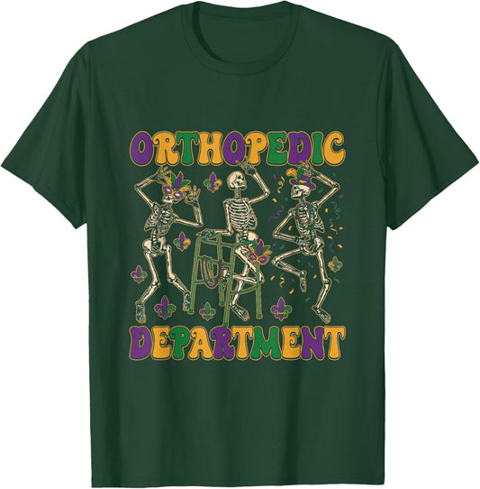 Orthopedic Department Mardi Gras Nurse Skeleton Ortho Crew T-Shirt - T-Shirt | Forest