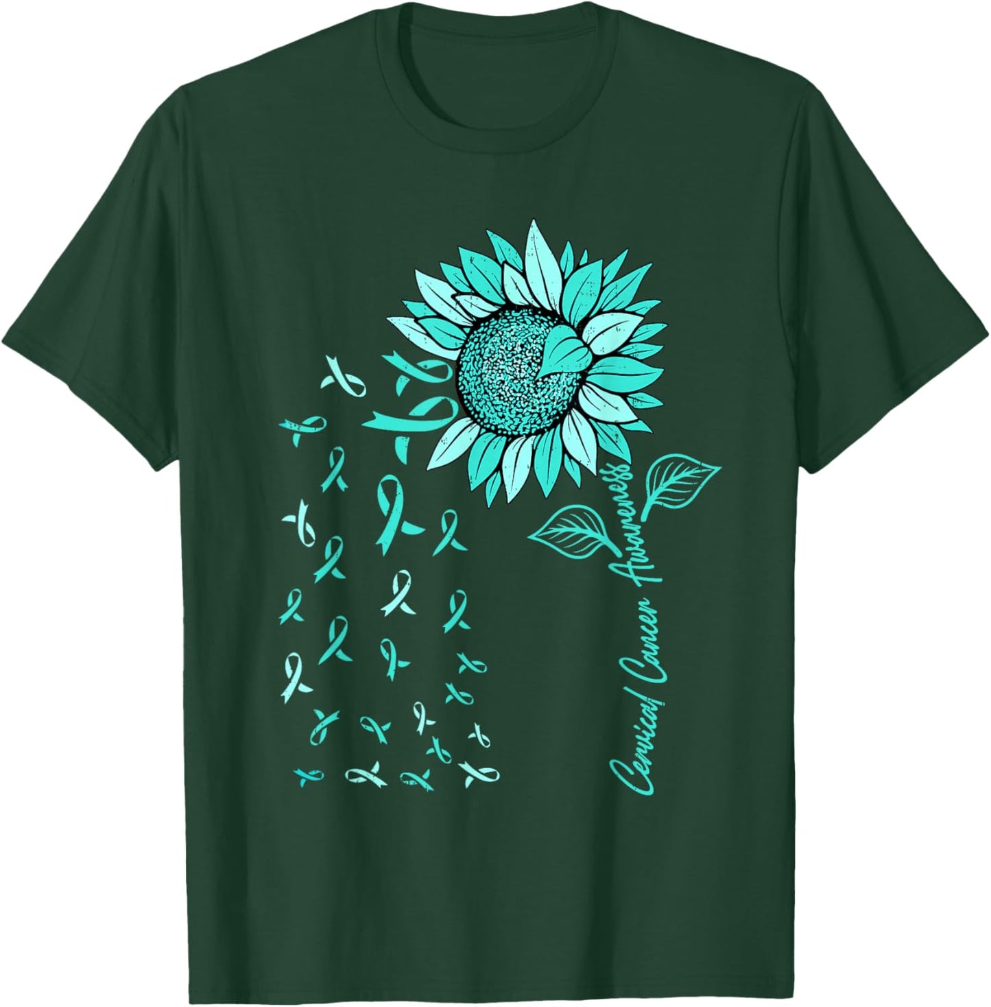 Sunflower Cervical Cancer Awareness Ribbon Teal Support T-Shirt - T-Shirt | Forest
