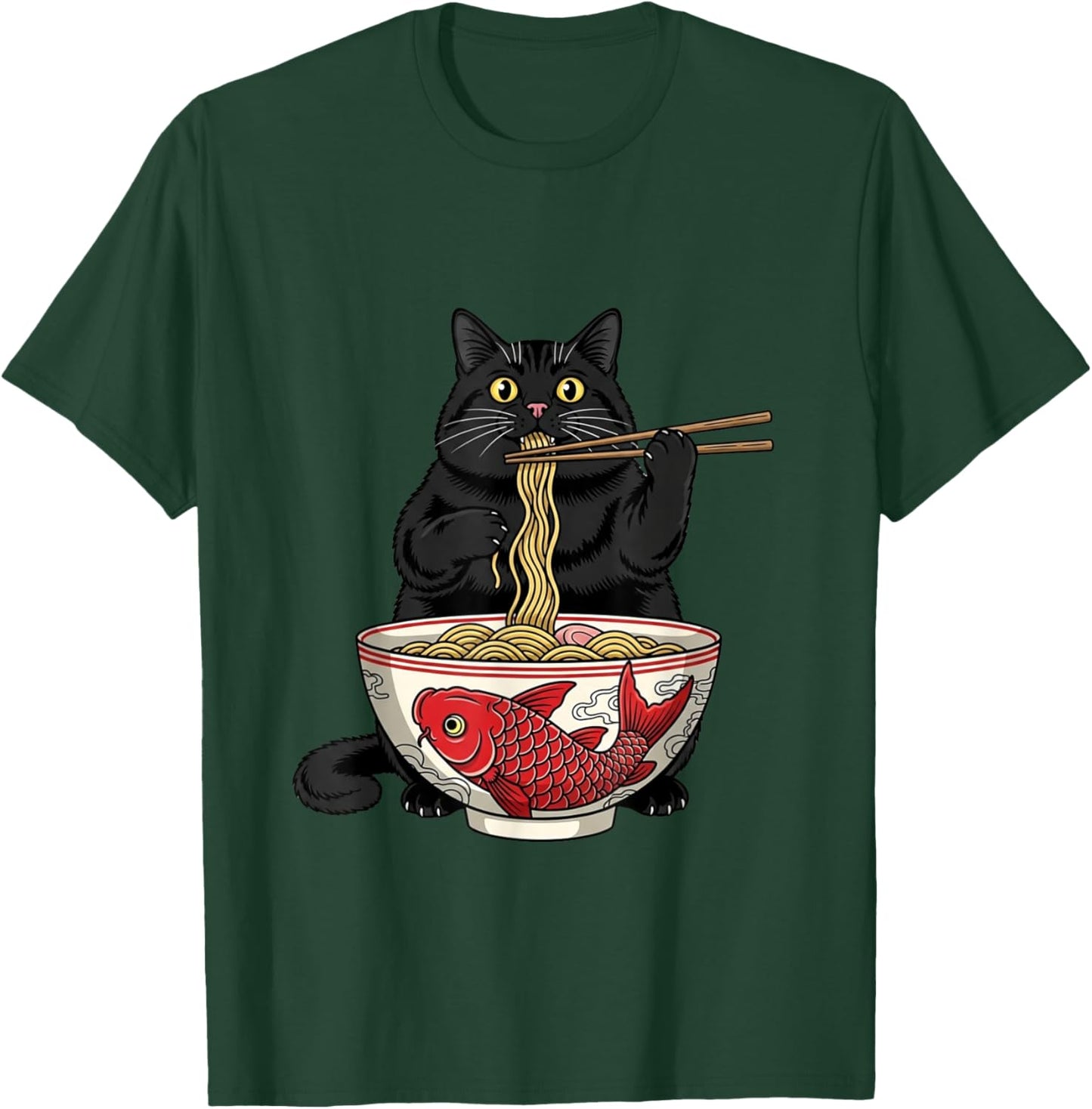 Funny Black Fat Cat Eating Ramen Noodles Anime T-Shirt - T-Shirt | Forest