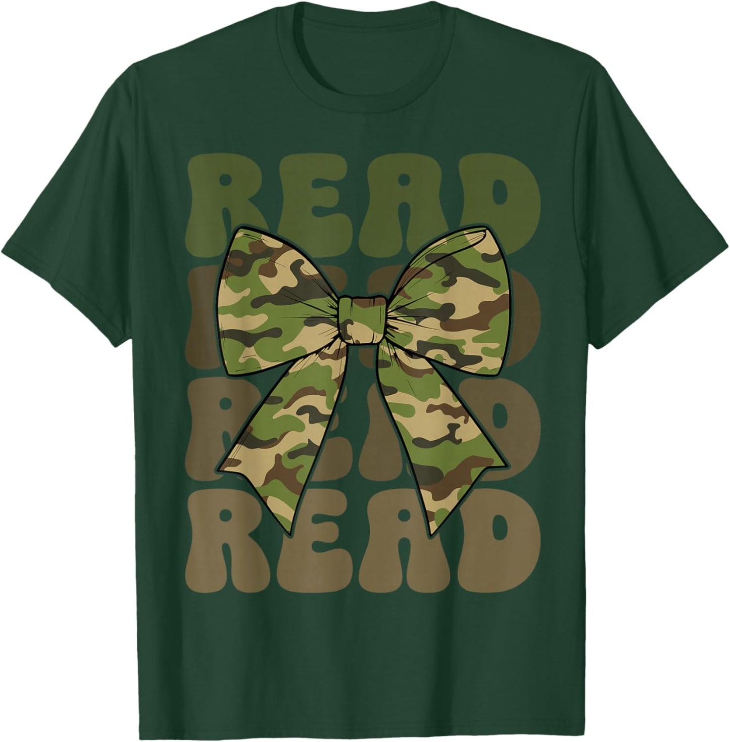 Camo Coquette Read Bow Camo Retro Groovy Camouflage Reading T-Shirt - T-Shirt | Forest
