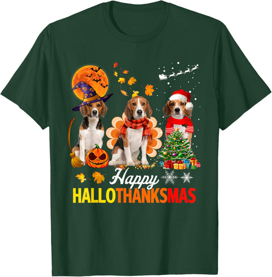 Cute Beagle Happy Hallothanksmas Halloween Thanksgiving Xmas T-Shirt - T-Shirt | Forest