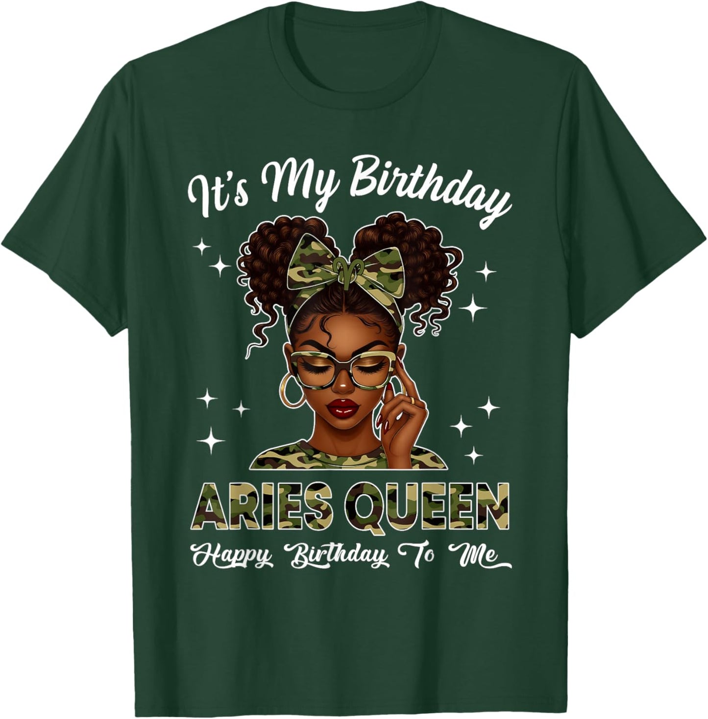 It's My Birthday Aries Queen Camo Bow Afro Black Girl T-Shirt - T-Shirt | Forest