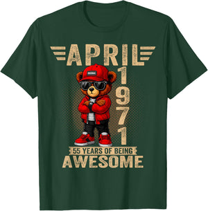 (ON Back) April 55th Birthday Men Women 1971 Teddy Bear T-Shirt - T-Shirt | Forest