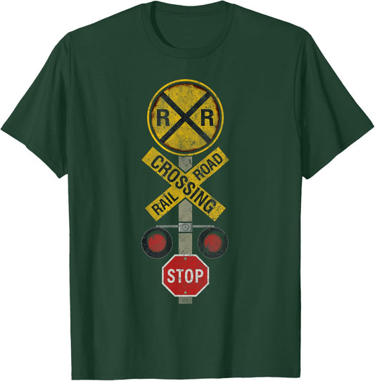 Railroad Crossing Locomotive Model Train Lover Road Sign Men T-Shirt - T-Shirt | Forest