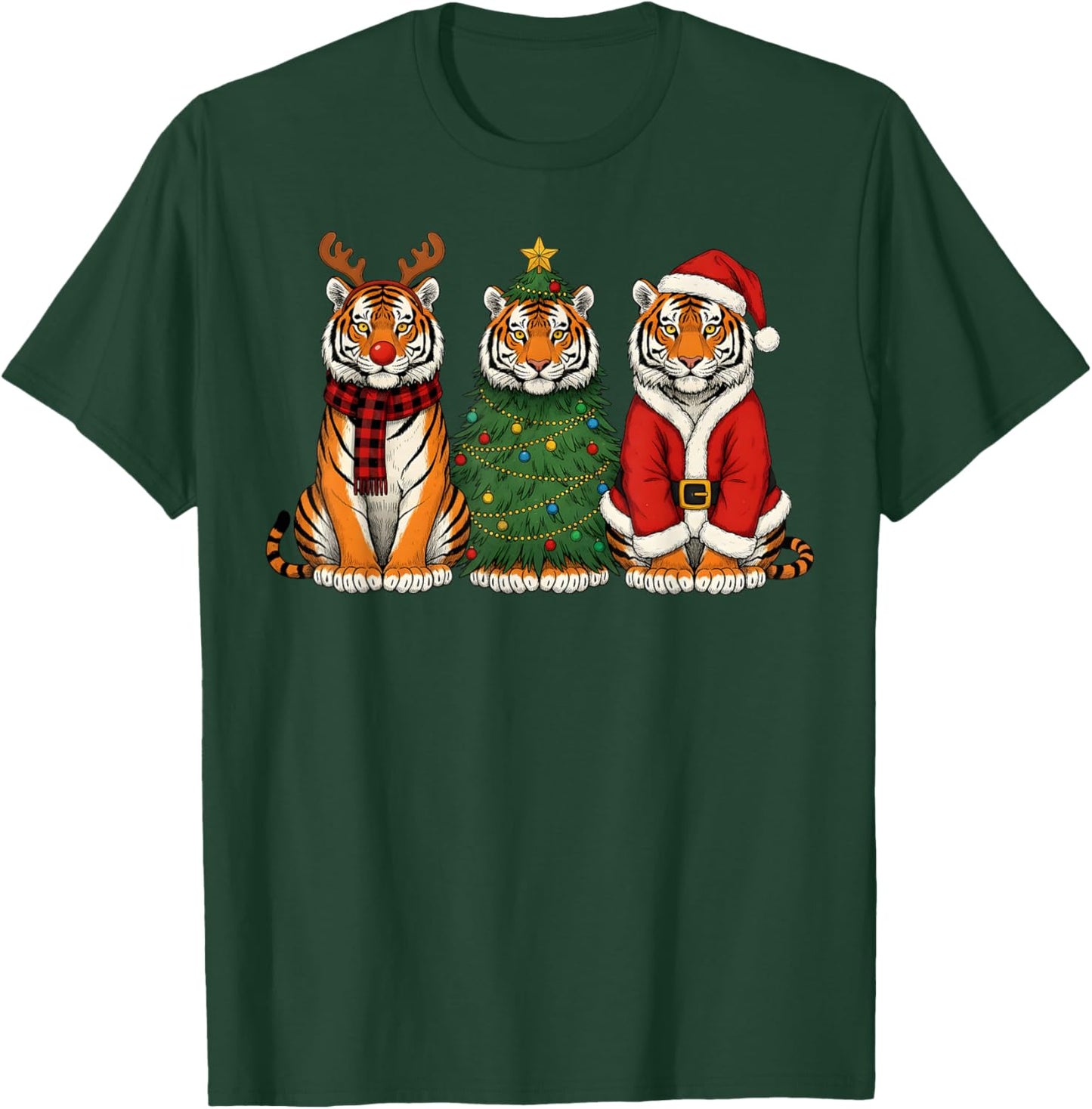 Retro Christmas Tiger Santa Reindeer Safari Animal T-Shirt - T-Shirt | Forest