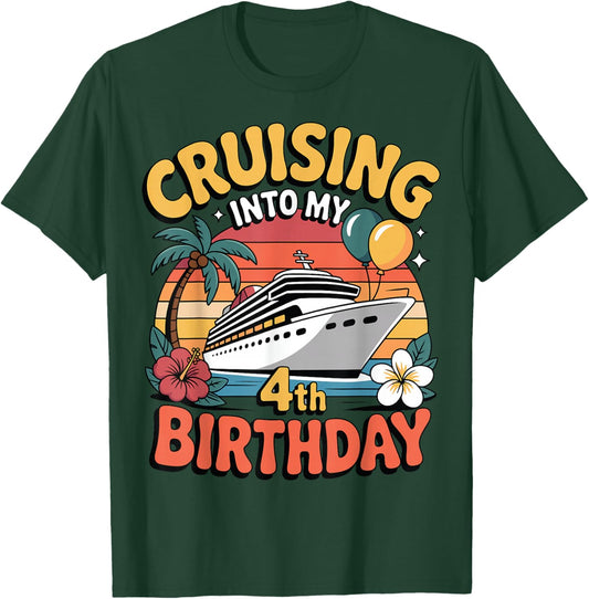 Kids Cruising Into My 4th Birthday Cruise 4 Year Old Toddler T-Shirt - T-Shirt | Forest