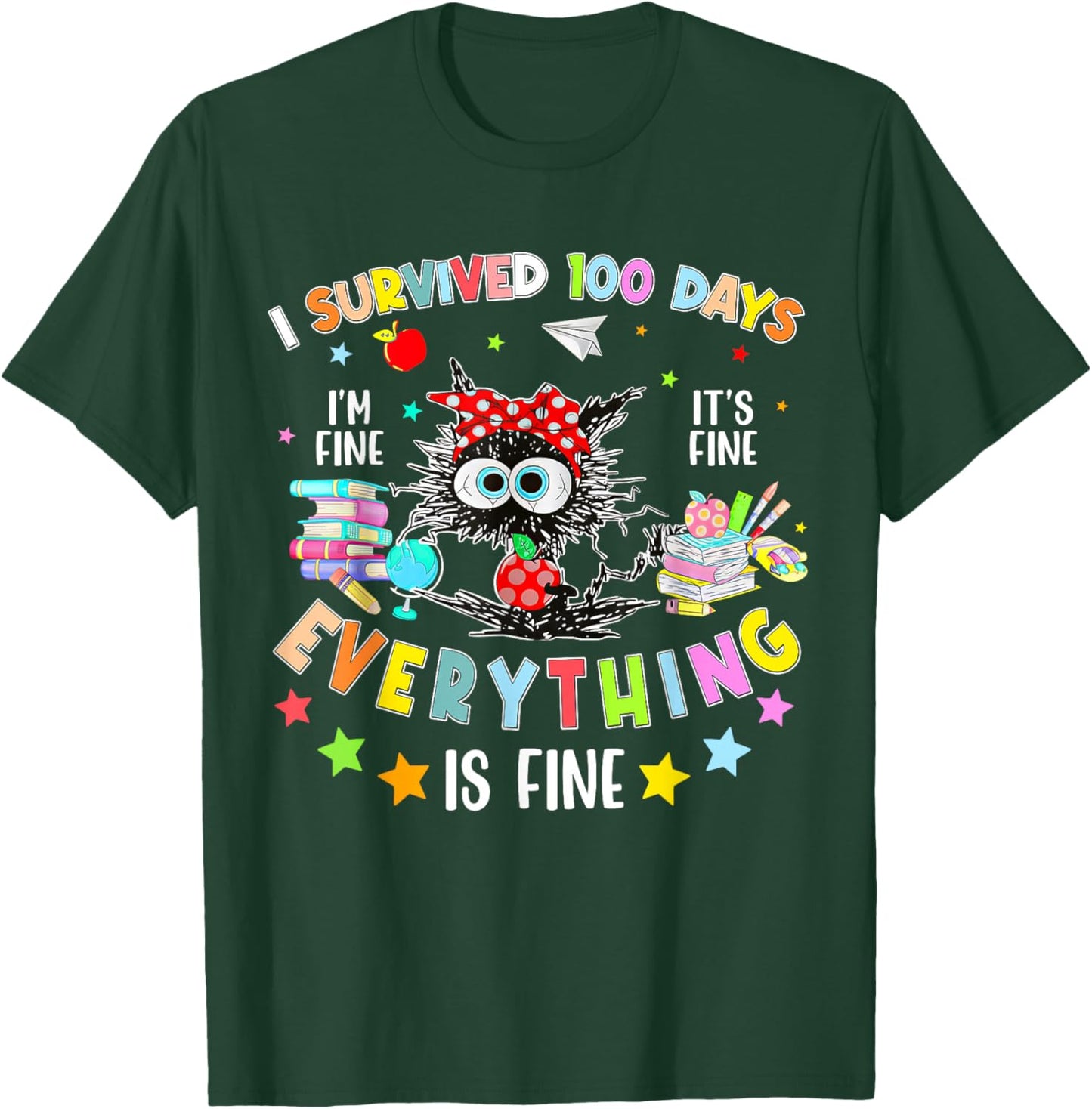 I Survived 100 Days of School Teacher Kids Funny Cat Lover T-Shirt - T-Shirt | Forest