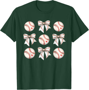 Baseball Sister Mom Coquette Bow Girls Women Cheer Baseball T-Shirt - T-Shirt | Forest