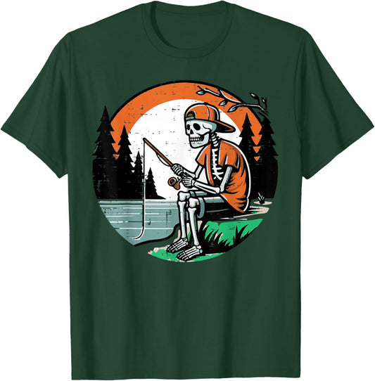 Halloween Skeleton Fishing Funny Costume Men Boys Kids Women T-Shirt - T-Shirt | Forest