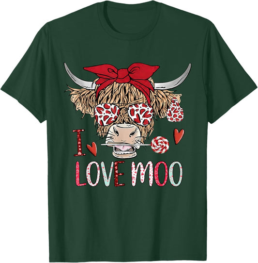 Valentine Highland Cow I Love Moo Heart Retro Cow Lovers T-Shirt - T-Shirt | Forest