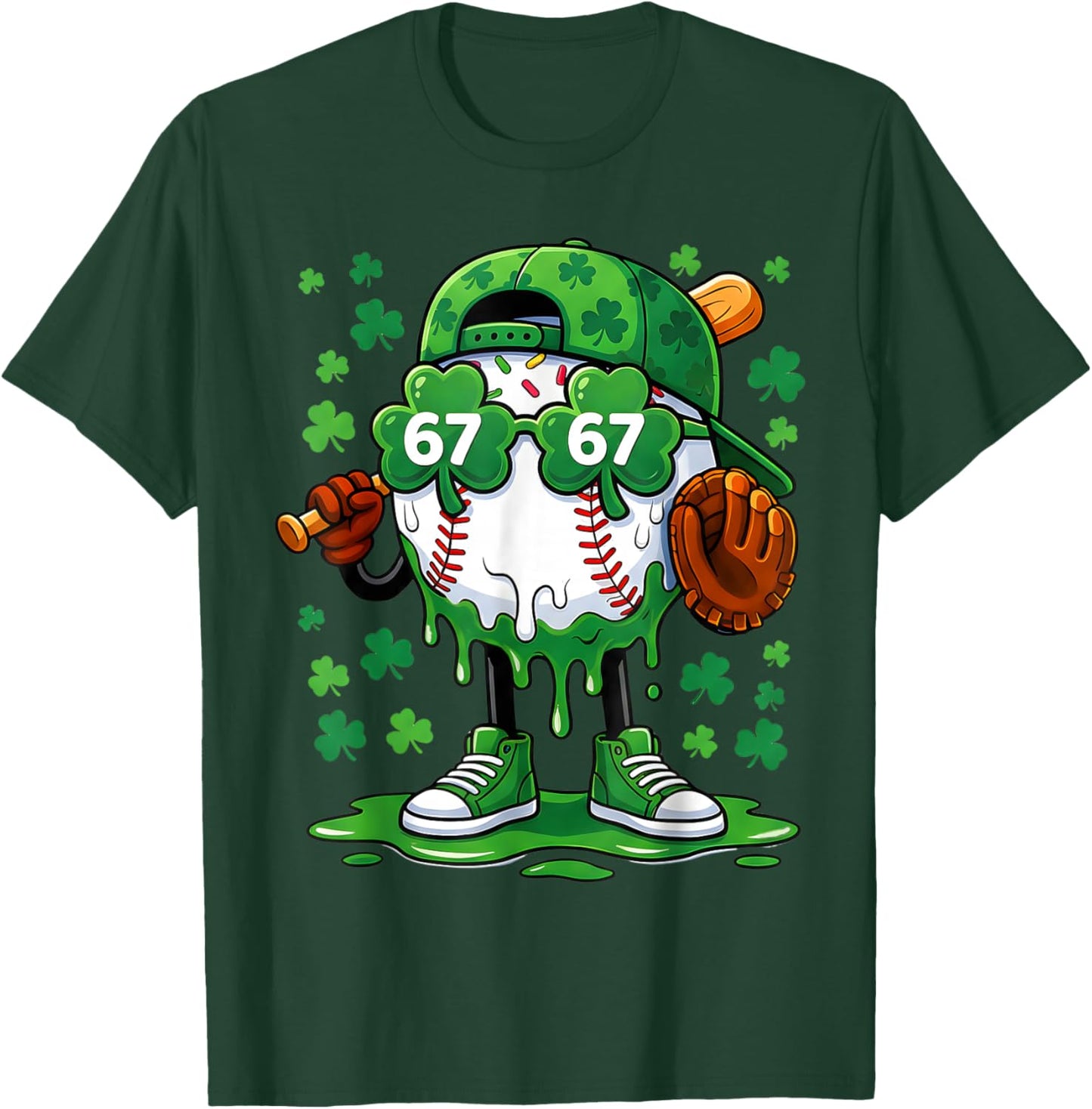 Funny 67 Baseball Drip St Patricks Day Shamrock Green T-Shirt - T-Shirt | Forest