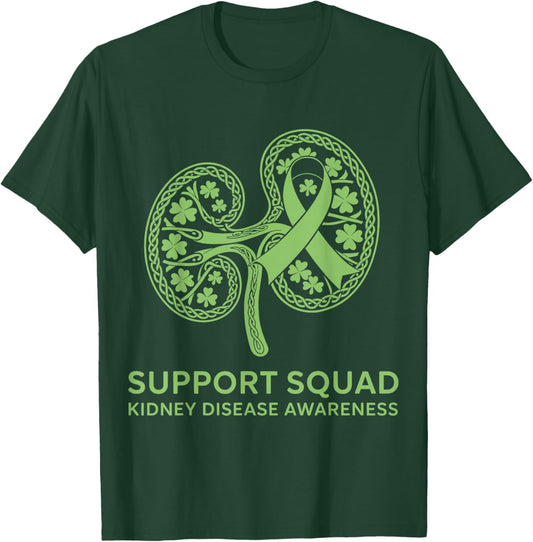 Support Squad Green Ribbon Kidney Disease Awareness Shamrock T-Shirt - T-Shirt | Forest