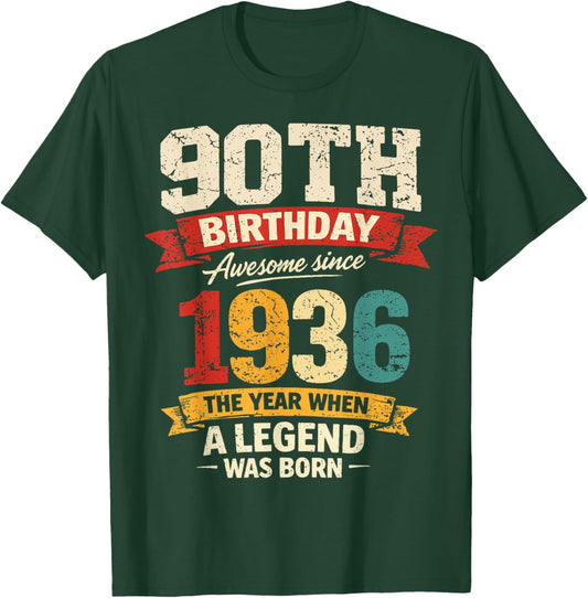 90 Year Old Vintage Awesome Since 1936 90th Birthday T-Shirt - T-Shirt | Forest