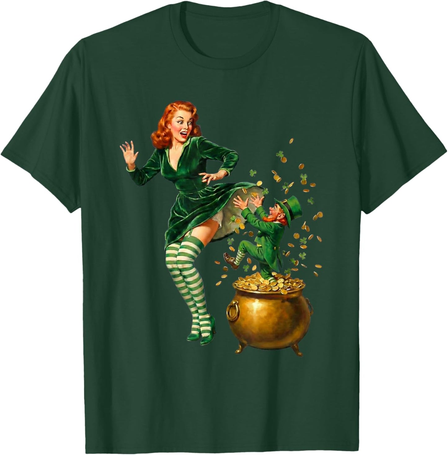 Vintage St Patricks Day Pinup Leprechaun Lucky Pot of Gold T-Shirt - T-Shirt | Forest