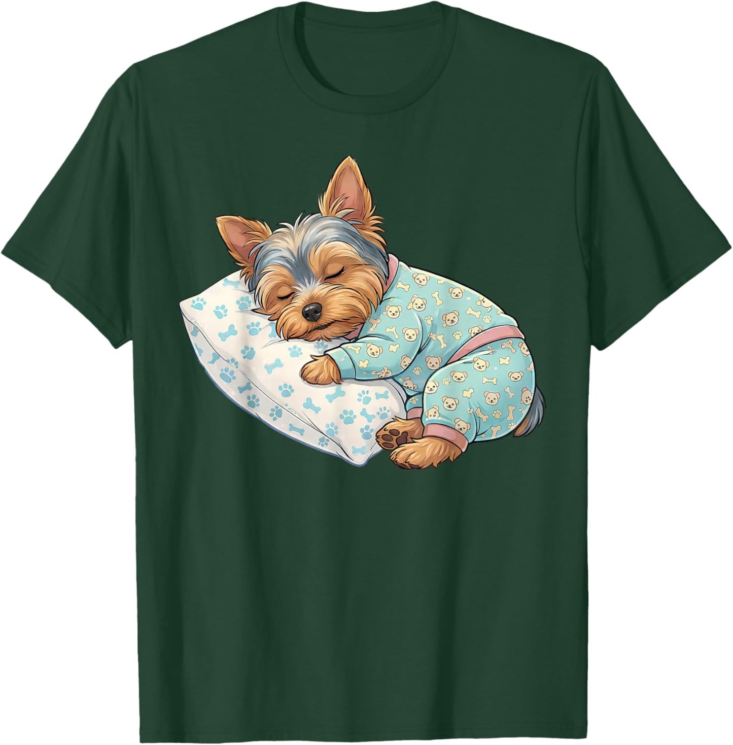 Cute Yorkshire Terrier Dog Sleeping in Pajamas Bedtime Art T-Shirt - T-Shirt | Forest