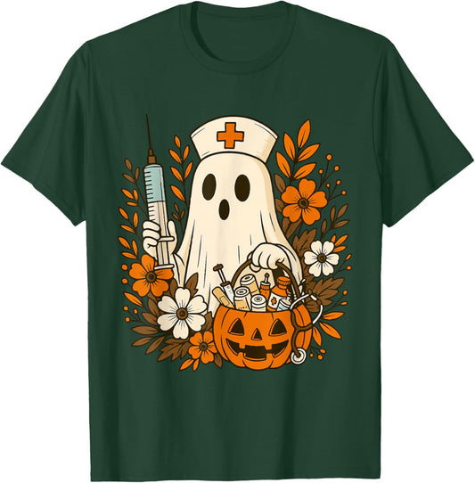 Nurse Ghost Pumpkin Halloween Autumn Nurse Halloween T-Shirt - T-Shirt | Forest