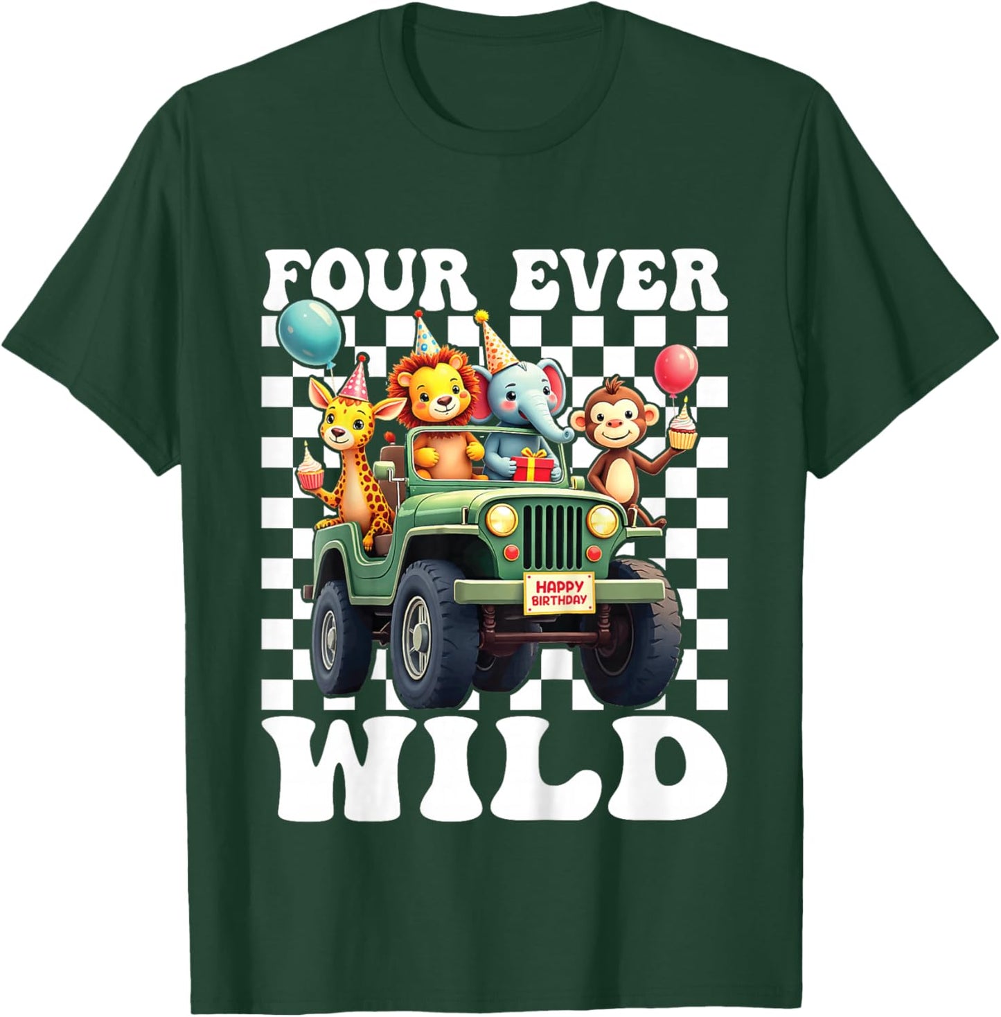 Four Ever Wild 4th Birthday 4 Year Old Birthday Zoo Safari T-Shirt - T-Shirt | Forest