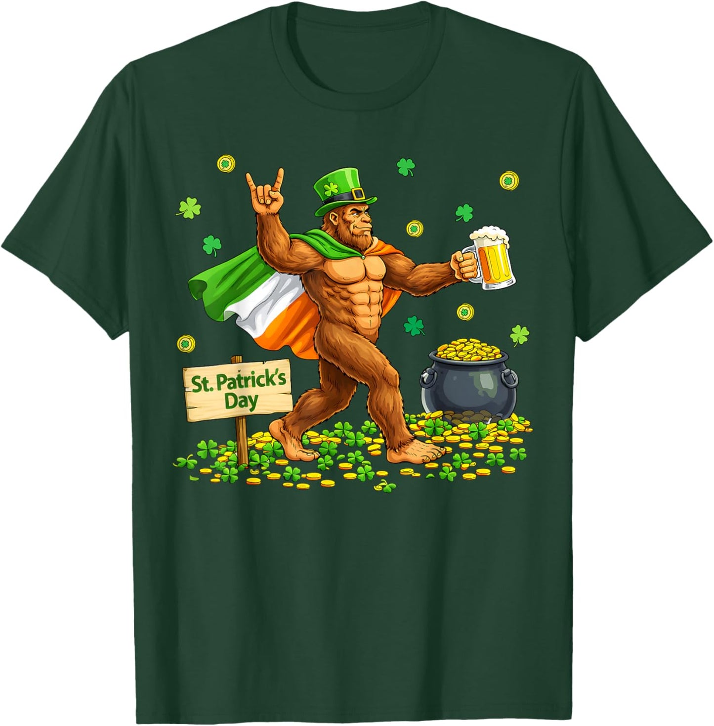 Bigfoot St Patrick's Day Irish Flag Cape Beer Rock Sasquatch T-Shirt - T-Shirt | Forest