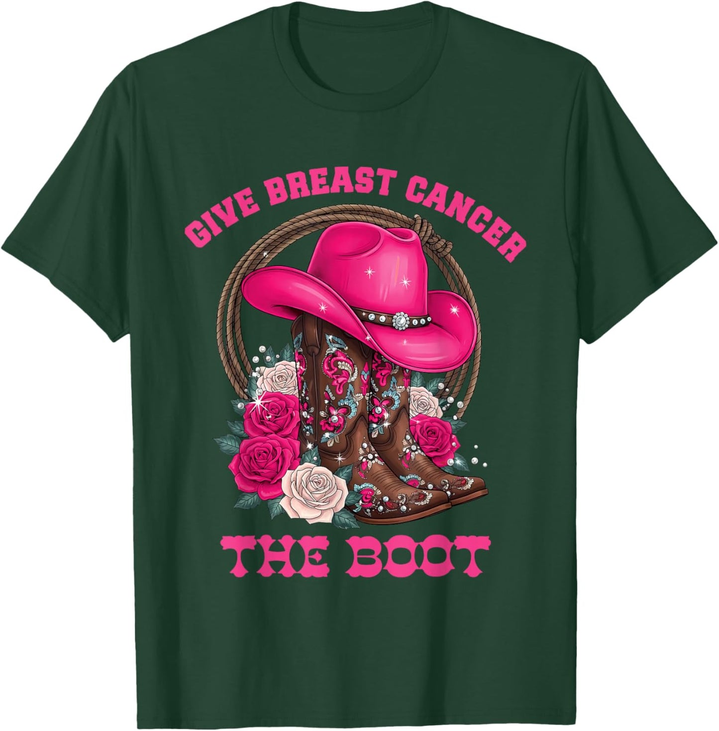Give Breast Cancer The Boot Cowgirl Cancer Awareness Ribbon T-Shirt - T-Shirt | Forest