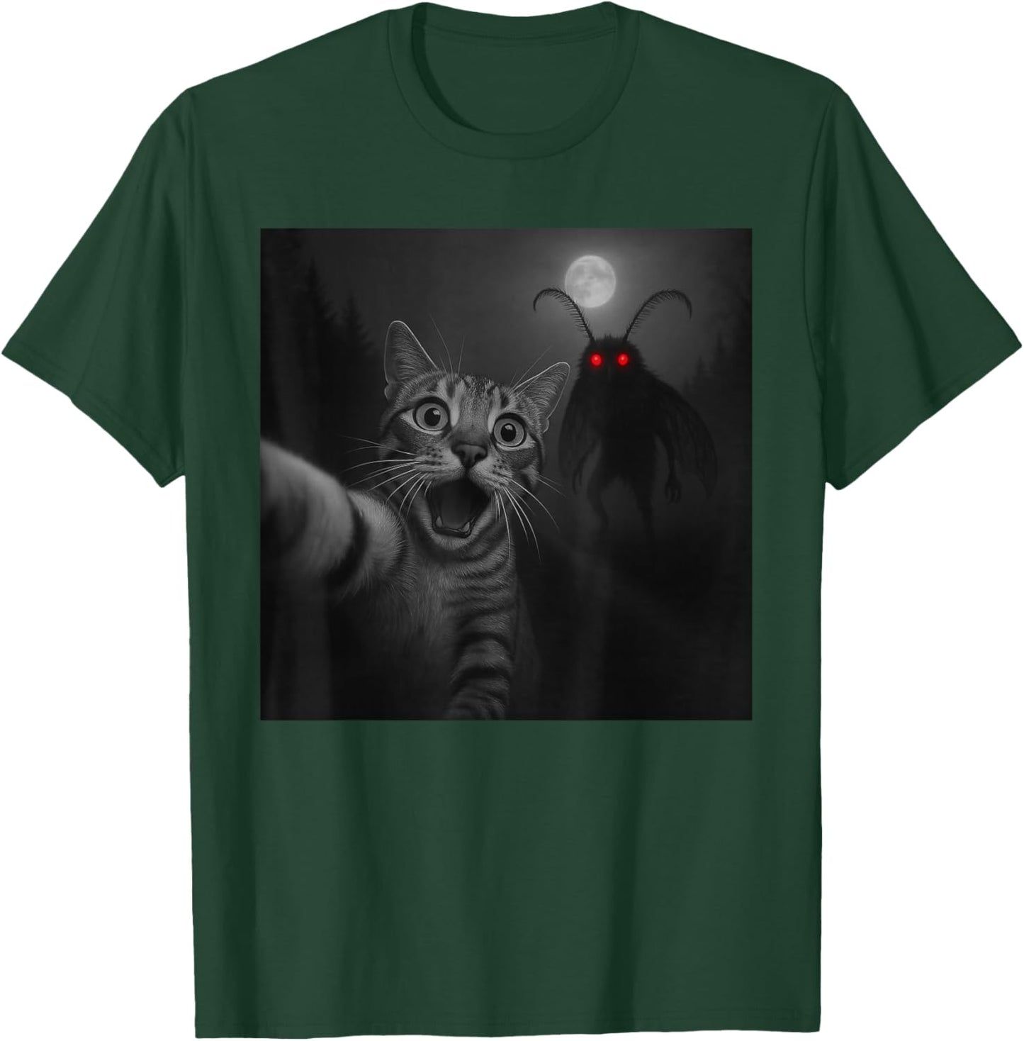 Funny Halloween Surprised Scared Cat Selfie Mothman Cryptid T-Shirt - T-Shirt | Forest