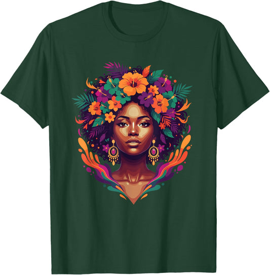 African American Afro Woman Floral Hibiscus Crown T-Shirt - T-Shirt | Forest