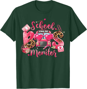 Leopard School Bus Monitor Bus Driver Valentines Student T-Shirt - T-Shirt | Forest