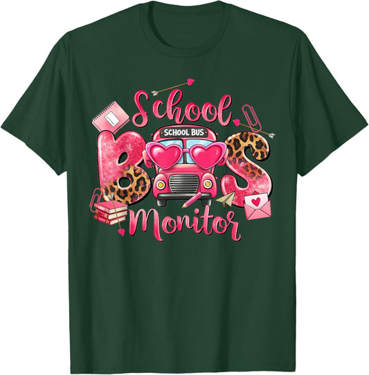 Leopard School Bus Monitor Bus Driver Valentines Student T-Shirt - T-Shirt | Forest